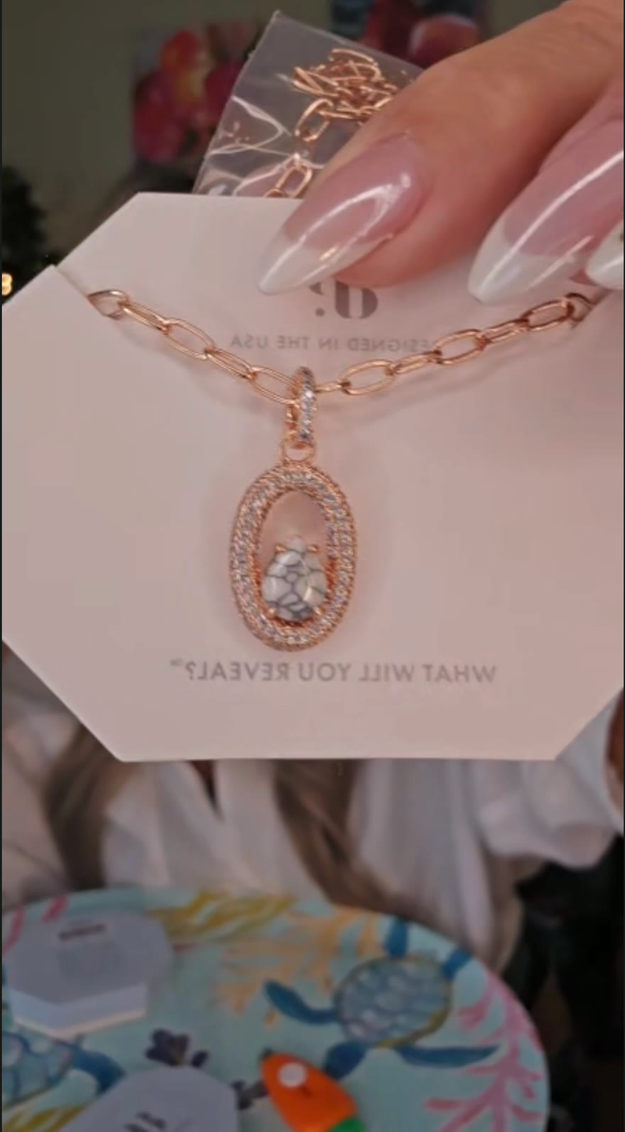 Rose gold peardrop necklace revealed on a Salt Life Fizz live
